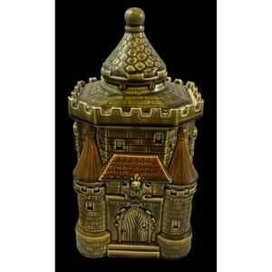 Vintage Royal Sealy Castle Ceramic Cookie Jar Medieval Knight Crest Green Glaze